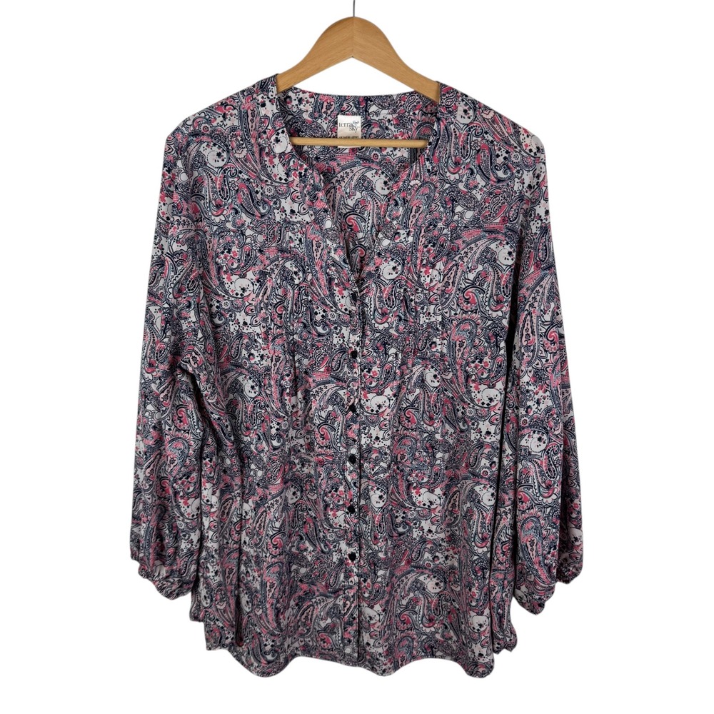 Terra & Sky Paisley Button Up Blouse Size‎ 1X Multicolor Long Sleeve Lightweight